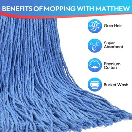 Matthew Cleaning 16oz 3Pack Cotton Floor Mop,Cotton Looped-Open String Heavy Duty String Mop Refills, Universal Headband Blend Mop,Mop Head Replacement for Home, Industrial and Commercial Use(Blue)