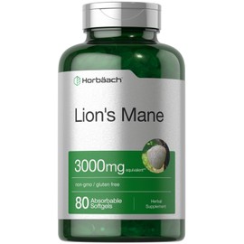 Horbäach Lions Mane Supplement | 3000mg | 80 Absorbable Softgels | Non-GMO & Gluten Free Extract
