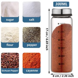 2 Pack Salt and Pepper Shakers, 300ml Spice Jars with Shaker lids, Salt Shakers Glass with Adjustable Pour Holes, Stainless Steel Seasoning Containers, Spice Bottles Glass for Kitchen