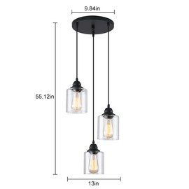 3 Lights Industrial Pendant Light with Glass Shade Matte Black Pendant Lighting Adjustable Industrial Retro Style Hanging Light,Kitchen Island Farmhouse Pendant Lights Fixtures for Kitchen,Farmhouse