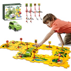 4 Year Old Boy Birthday Gift, Puzzle Racer Kids Car Track Set Puzzle Racer Car Track Set with Roadmap Puzzle Track Car Play Set Toys for 4 Year Old Boys (A-Dinosaur, Set1-25pcs)