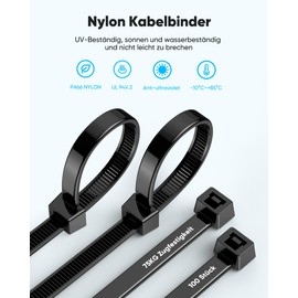 Highwings Pack of 100 Cable Ties, Black, 200 mm x 7.6 mm, 75 kg Tensile Strength, Nylon Cable Ties, Resealable Holder, Strong Self-Locking Cable Ties for Family, Workshop, Garden, Cable Management