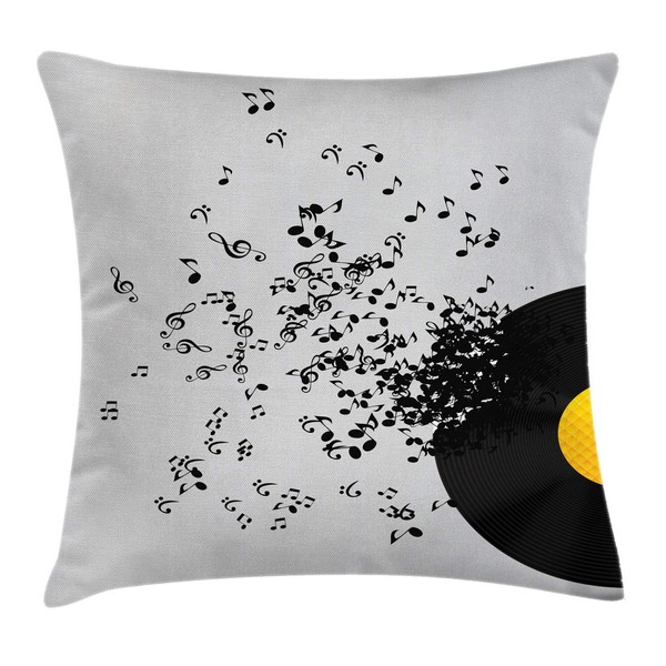 Ambesonne Music Throw Pillow Cushion Cover, Flying Music Notes Abstract Design Disc Album Dancing Nightclub Print, Decorative Square Accent Pillow Case, 18" X 18", Ivory Black
