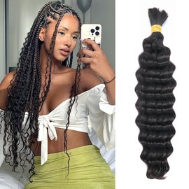 IXIMII 24 Inch Deep Wave Human Braiding Hair 3.5oz(100g) 100% Human Hair Bulk Natural Black No Weft Curly Hair Extensions for Boho Braids