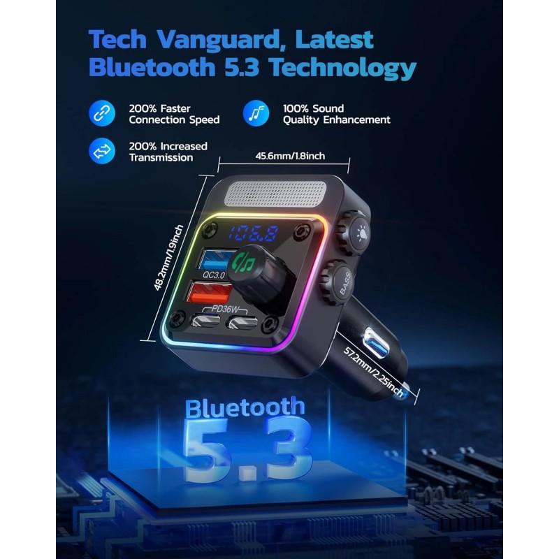 Nulaxy 54W Bluetooth 5.3 Car Adapter Charger 4-Port FM Transmitter