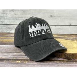 Shenbors Houston Skyline Baseball Cap for Men Women, City of Texas Hat, Washed Black Cotton Snapback Hat Trucker Hats