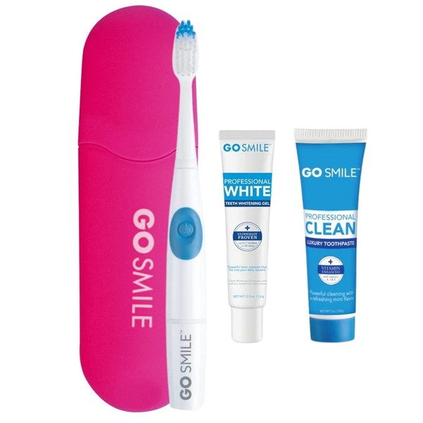 GO SMILE Battery-Powered Vibrating Sonic Whitening Toothbrush Travel Set - Wireless Electronic On The Go Tooth Brush - .5oz Whitening Gel & 1oz Luxury Toothpaste, Whiten With No Sensitivity, Pink Case