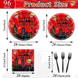 96Pcs Spider Paper Plates and Napkins Super Theme Hero Birthday Party Supplies Spider Fans Disposable Dinnerware Set for Kid Hero Cityscape Birthday Baby Shower Table Party Decoration Serve 24