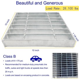 MOSINSBO Galvanized Steel Drain Grate 10x10 in, B-Class 28100 lbs Heavy-Duty Driveway Channel Cover, Outdoor Trench Drainage Grate, Silver Square Metal Sewer Cover for Garage, Light Vehicle Traffic