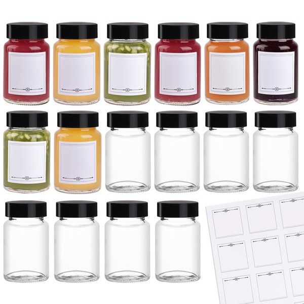 2 oz Small Glass Jars with Black Lids & 32 Labels, Wide Mouth Leakproof Glass Shot Bottles for Juicing, Clear Mini Bottles Jars for Travel Drink Containers(16 Pack)