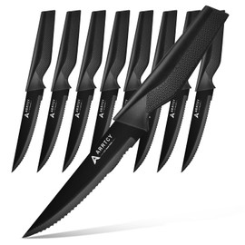 Arrtcy Steak Knives Set of 8;4.5 Inch German Stainless Steel Serrated Steak Knives with Ergonomic Anti-Slip Handles, Dishwasher Safe, Elegant Gift for Holidays (Black)