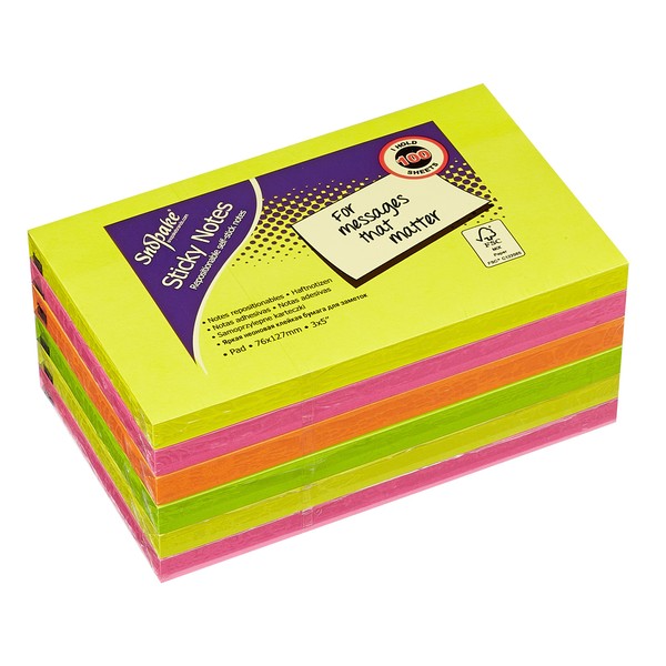 Snopake Sticky Notes - Neon/Assorted Colours (Pack of 6, 100 Sheets per Pad) 127 x 76 mm