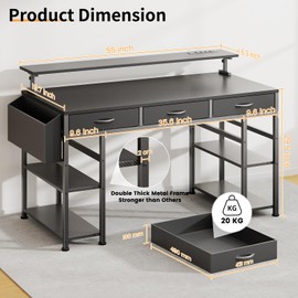 DOMICON 47 Inch Computer Desk with 3 Drawers, Gaming Desk with LED Lights and Adjustable Monitor Stand, Work from Home, Modern Work/Writing/Study Table for Bedroom (Black, 55 inch)
