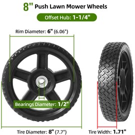 AR-PRO (2-Pack) Replacement 8" Push Lawn Mower Wheels - Universal 8" Lawn Mower Wheels with 1-1/4" Width Hub and 1/2" Bearings - Fit for Standard Lawn Mowers, Pressure Washers, Generators and More