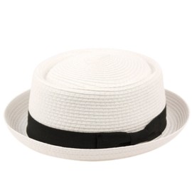 Men's Fancy Summer Straw Pork Pie Derby Fedora Upturn Brim Hat (Large-XLarge, F1857WHITE)