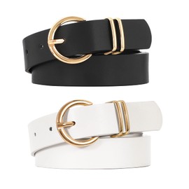 WHIPPY 2 Pack Women's Leather Belts for Jeans Dresses, Fashion Gold Buckle Ladies Waist Belt, Black+White, M:Fit Waist Size 32-37 inches
