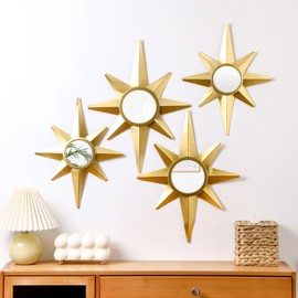 Blulu 4 Pcs Metal Starburst Wall Mirrors Decor 8 Pointed Gold Atomic Stars Hangings Mid Century Modern Elegance Accents Easy Installation Finish Metal Mirrors for Home Office Room