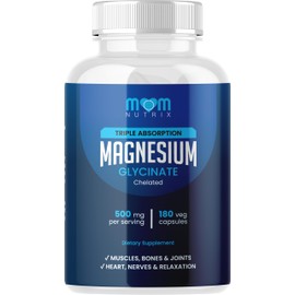 MOM Nutrix Magnesium Glycinate - 500 mg Chelated Triple Absorption Magnesium - Heart, Bones, Joints Support - Calm & Sleep - 180 Capsules
