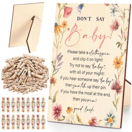 Weysat Baby Shower Games Supplies 1 Pcs Don't Say Baby Clothespin Game Wooden Tabletop Sign with Stand and 50 Mini Natural Clothespins Floral Themed Clothes Pins Gender Reveal Party Decoration