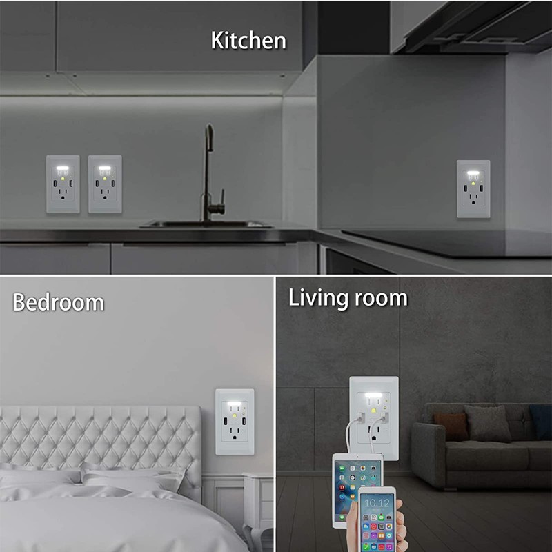 USB Outlet with Night Light, GreenCycle 15Amp Outlet Auto Sensor
