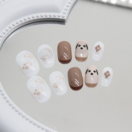 Cute Puppy Diamond Pattern Fake Nail Stickers for Kids - Paw Print Design (Free Size) / K013 Brown Puppy Clay 20ea