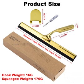 Gold Stainless Steel Shower Squeegee, Squeegee Shower with 1 Metal Hook and 2 Rubber Blades for Shower Doors, Bathroom Surfaces, Windows & Car Windscreen Cleaning