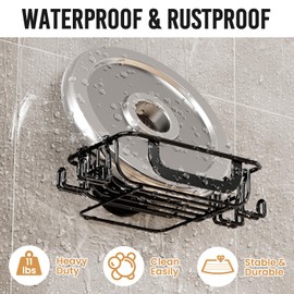 LEVERLOC Soap Holder Dish for Shower Wall, Bar Suction Cup Soap Saver Tray with Hooks, Rust Proof Draining Stainless Steel for Bathroom Bathtub Kitchen Sink & Bath Organizers, Black