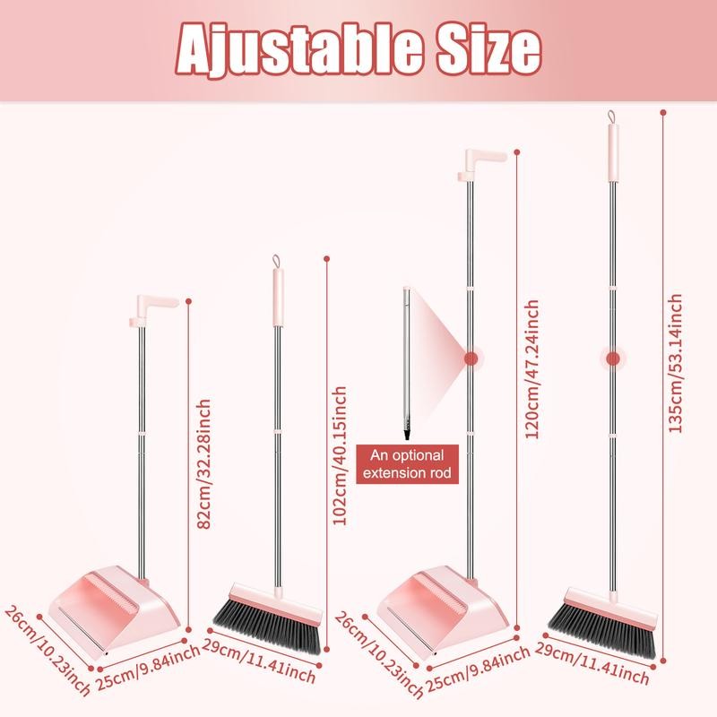 KZKR Pink Broom and Dustpan Set with Adjustable Handle for