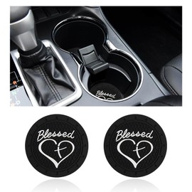 Dickno 2PCS Car Cup Holder Coaster, 2.76 Inch Blessed Cross and Heart Christian Drink Mat, Soft PVC Non-Slip Shockproof Insert Cup Coaster for Women Girls, Interior Car Accessories (Black)