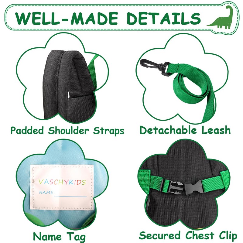 Mini Toddler Backpack with Leash,VASCHY Ultra Lightweight Dinosaur Backpack Tiny