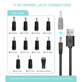 Universal USB to DC 5V Power Cord, DC 5.5x2.1mm Jack Charging Cable with 11 Connector Tips (5.5x2.5, 4.8x1.7, 4.0x1.7, 5.5x1.7, 3.5x1.35, 3.0x1.1, 2.5x0.7, 6.3x3.0, 5.0x3.0, 6.5x4.4, LED Interface)