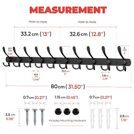 SAYONEYES Black Coat Rack Wall Mounted - 32 Inch Heavy Duty Stainless Steel Matte Finish Wall Hook Rack - 10 Tri Coat Hooks for Hanging Towels, Bags, Hat - Bathroom Entryway - 1 Pack
