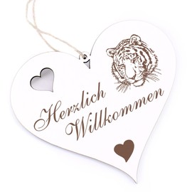 Herzlich Willkommen Sign, Tiger Head, Decorative Heart, Wooden Welcome Sign, Door Sign, Door Decoration