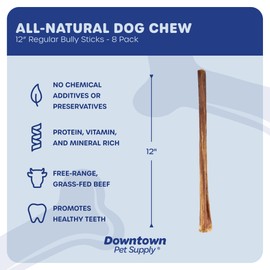 Downtown Pet Supply 12-inch Bully Sticks for Large Dogs, Pack of 8 - Single Ingredient, Rawhide Free Dog Chews for Aggressive Chewers - Nutrient-Rich and Odor Free Bully Sticks for Dogs - Beef