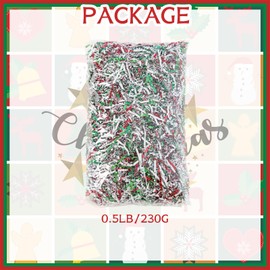 Gloreyan 1/2LB Christmas Crinkle Cut Paper Shred, Metallic Red Green White Raffia Paper Shred Filler Grass for Christmas Easter Grass Gift Wrapping Basket Filling Birthdays Weddings Party Supply