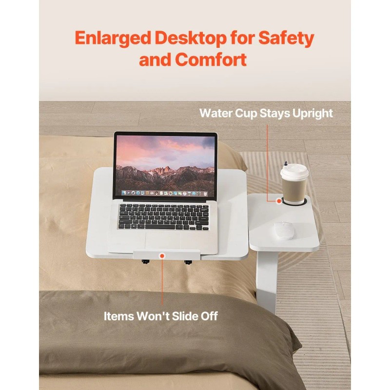 White Portable Overbed Table With Hidden Wheels Flip Desktop Height