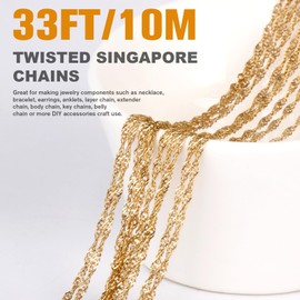 33 Feet 18K Gold PVD Plated Singapore Chains Roll, 1.7mm Width 304 Stainless Steel Gold Twisted Link Chain Bulk Spool for Jewelry Making DIY Craft