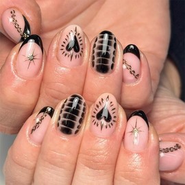 24Pcs Black French Tip Press on Nails Short Almond Fake Nails Gold Star Design Stick on Nails Gothic False Nails Glossy Artificial Acrylic Glue On Nail for Women Nail Art Decoration