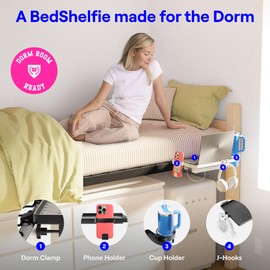 BedShelfie Bedside Shelf for College Dorm Room Bunk Bed & Top Bunk, College Dorm Room Essentials, Clip On Nightstand, Floating Bed Side Table Tray Organizer, Dorm Room Decor - DormEssential, Black