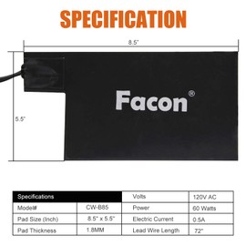Facon 8-1/2'' x 5-1/2'' Silicone Battery Heater Pad with Thermostatically Controlled, Automotive Electric Silicone Battery Warmer Pad, 120V, 60Watts Grey