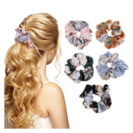 Framendino, 5 Pack Silk Satin Scrunchies Floral Printed Elastic Hair Ties Accessories Gift Set for Woman
