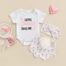FIOMVA My First Easter Baby Girl Outfit Funny Letter Bodysuit Romper+Bunny Pompom Shorts+Headband (Pink some bunnys love me, 6-12 Months)