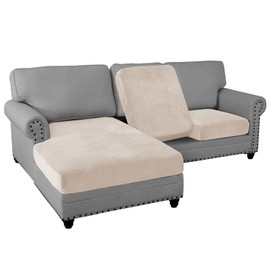 PrinceDeco Sectional Couch Covers 3 Pieces Velvet Sofa Covers L Shape Soft Couch Covers for Sectional Sofa Corner Sofa Cover Couch Cover for Dogs Washable (2 Seater + 1 Chaise,Ivory)