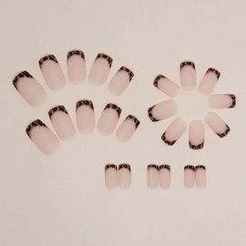 Maillard Press on Nails Medium Square MABKJLF French Tip Fall Fake Nails Nude Matte Full Cover Leopard False Nails with Designs Glue on Nails Acrylic Manicure Artificial Nails for Women Girls 24Pcs