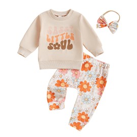 Toddler Baby Girl Fall Winter Outfits 0-3 Years Long Sleeve Letter Print Sweatshirt Pullover Top with Floral Print Sweatpants and Headband 3Pcs Clothing Set for Little Girls (Beige, 18-24 Months)