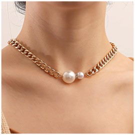 Sttiafay Punk Cuban Pearl Chain Necklace Big Pearl Choker Necklace Gold Chunky Curb Link Chain Necklace Rhinestone Pearl Necklace Jewelry for Women