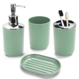 4 Pcs Sage Green Bathroom Accessories Set,Bohemian Bathroom Toothbrush Holder Set.Include Soap Dispenser, Soap Dish, Toothbrush Holder, Mouthwash Cup, Modern Bahtroom Decor Set