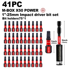 Geinxurn 40 Pieces 1 In. T25 Impact Tough Magnetic Screwdriver Bit Set, #25 Torx Head Insert Bits, S2 Alloy Steel Star Bits with 1 Pc Impact Bit Holder and Storage M-Box