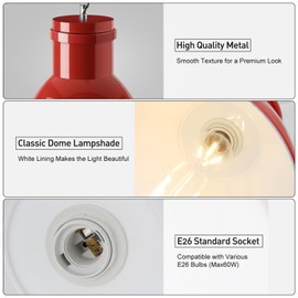 BoostArea Red Pendant Lights Kitchen Island, 10.6" Large Metal Shade and 71'' Adjustable Height, Mid Century Modern Pendant Light fixtures, Vintage Hanging Pendant Lighting for Kitchen Island, No Bulb