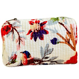 3Pcs Cotton Quilted Makeup Bag for Women Girls Large Small Travel Floral Cosmetic Bags Set Cute Coquette Pink Makeup Pouch for Purse Aesthetic Cloth Flower Storage Toiletry Bag Organizer Floral